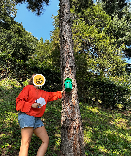 A workshop participant leaning against a pine trunk with a small green lantern fixed to it.