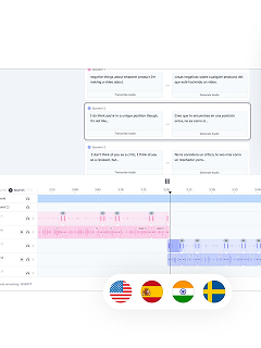 The ElevenLabs workspace: recorded takes above, voice waveforms below, a row of language flags.