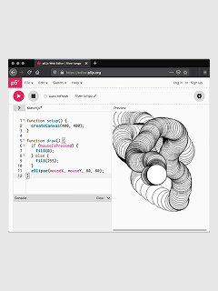 The p5.js web editor: a short sketch on the left, its generated drawing on the right.