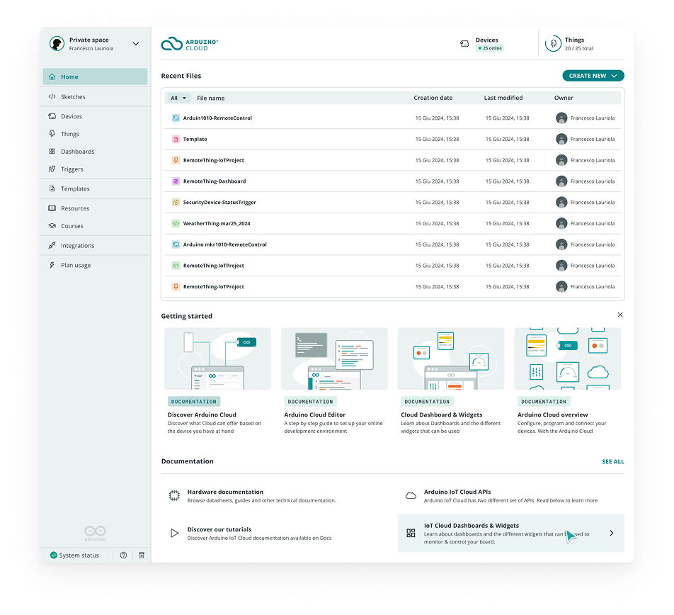 The Arduino Cloud home in its light UI: recent files, a getting-started row and the documentation section.