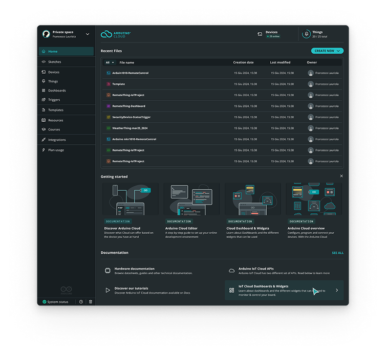 The Arduino Cloud home in dark mode: recent files, getting started and documentation on layered dark surfaces.