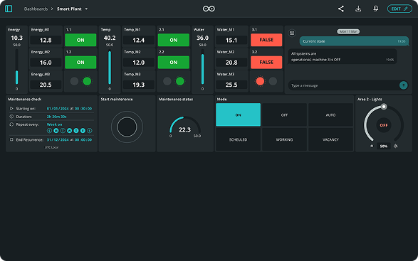 A dashboard in dark mode: value, switch, gauge and chart widgets with the teal accent on active controls.