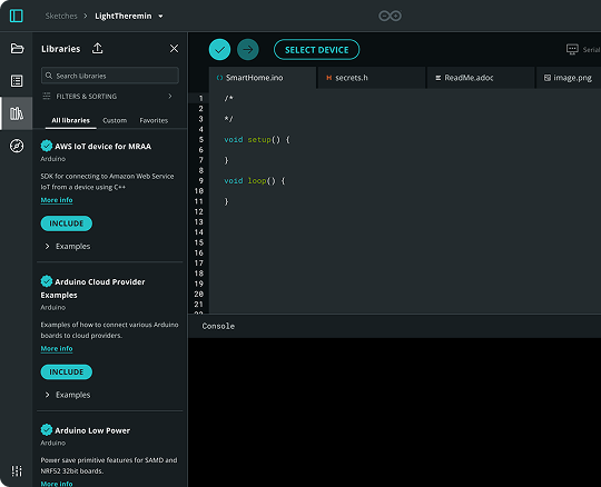 The Cloud editor in dark mode: library list on the left, sketch code on the right, console below.