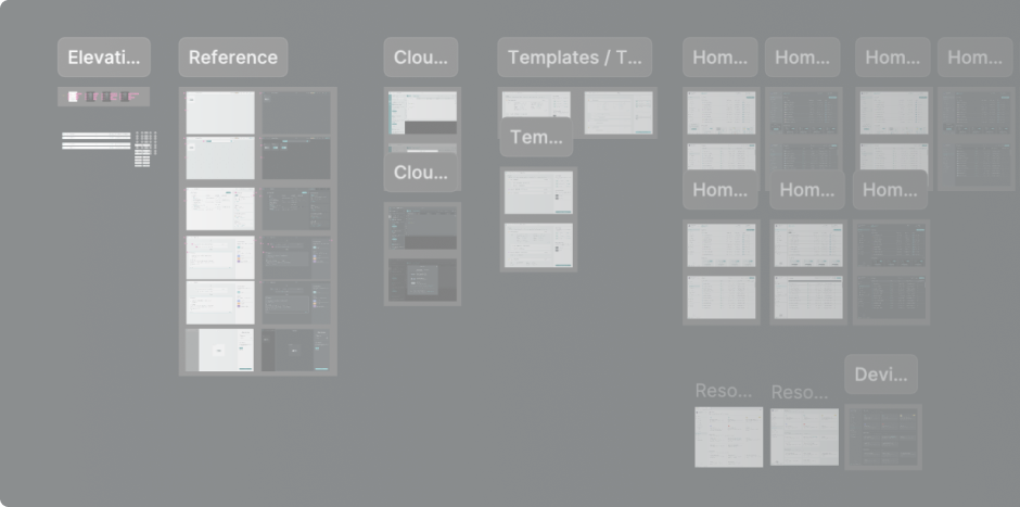 A Figma board of dark-mode iterations across Home, Cloud, Templates, Resources, Devices, Tablet and Components.