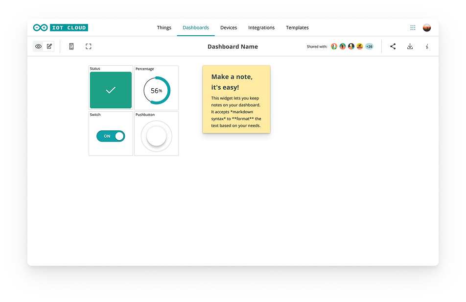 The old Dashboards page: four small widgets — status, percentage, switch and pushbutton — beside a yellow sticky note explaining markdown formatting.
