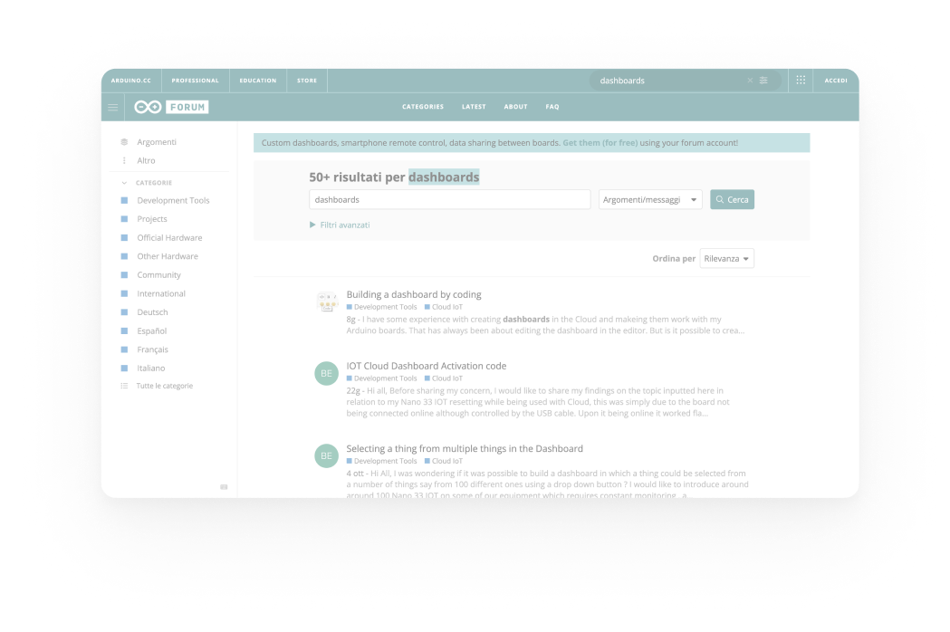 Arduino forum threads about Dashboards and widgets, with user complaints highlighted.