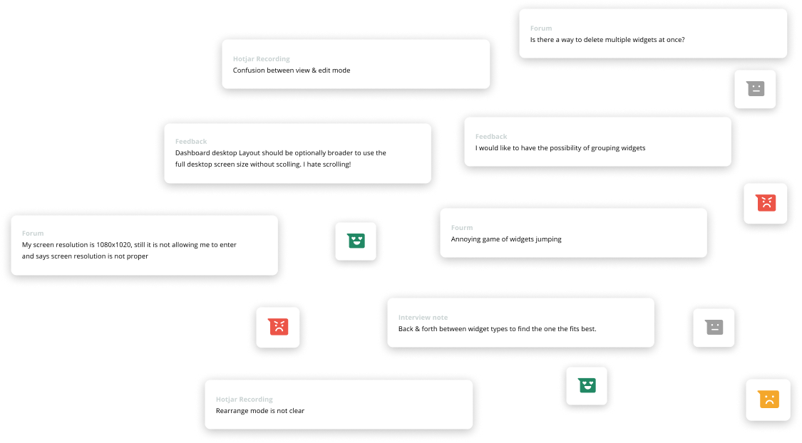 Hotjar session feedback collected on the Dashboards area, shown as annotated comment cards.