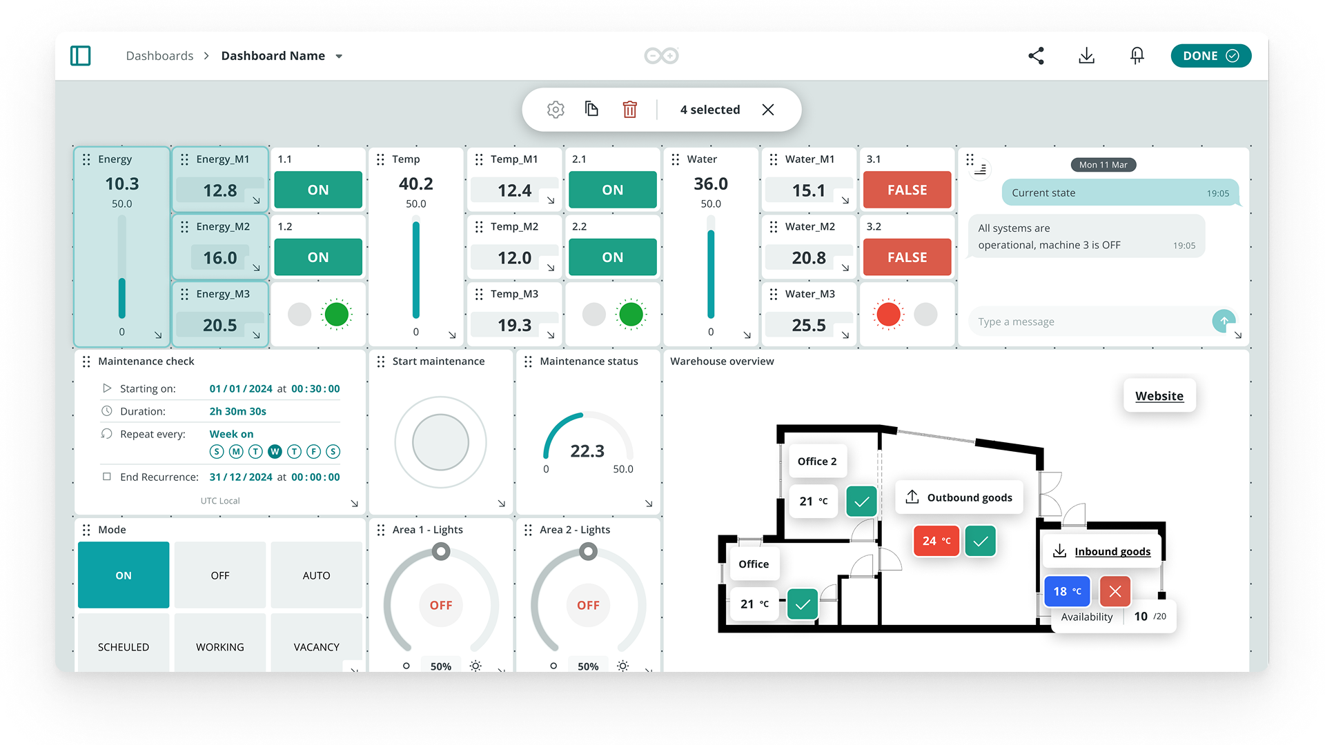 The redesigned Dashboards UI: a dense grid of value, switch, gauge and chart widgets with a floating selection toolbar and a warehouse floor plan.