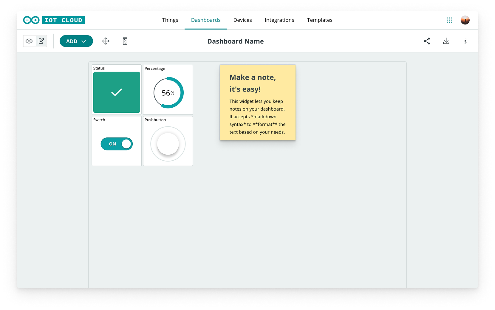 The old Dashboards UI: a teal top bar, an edit toolbar, and four widgets on a large empty canvas.