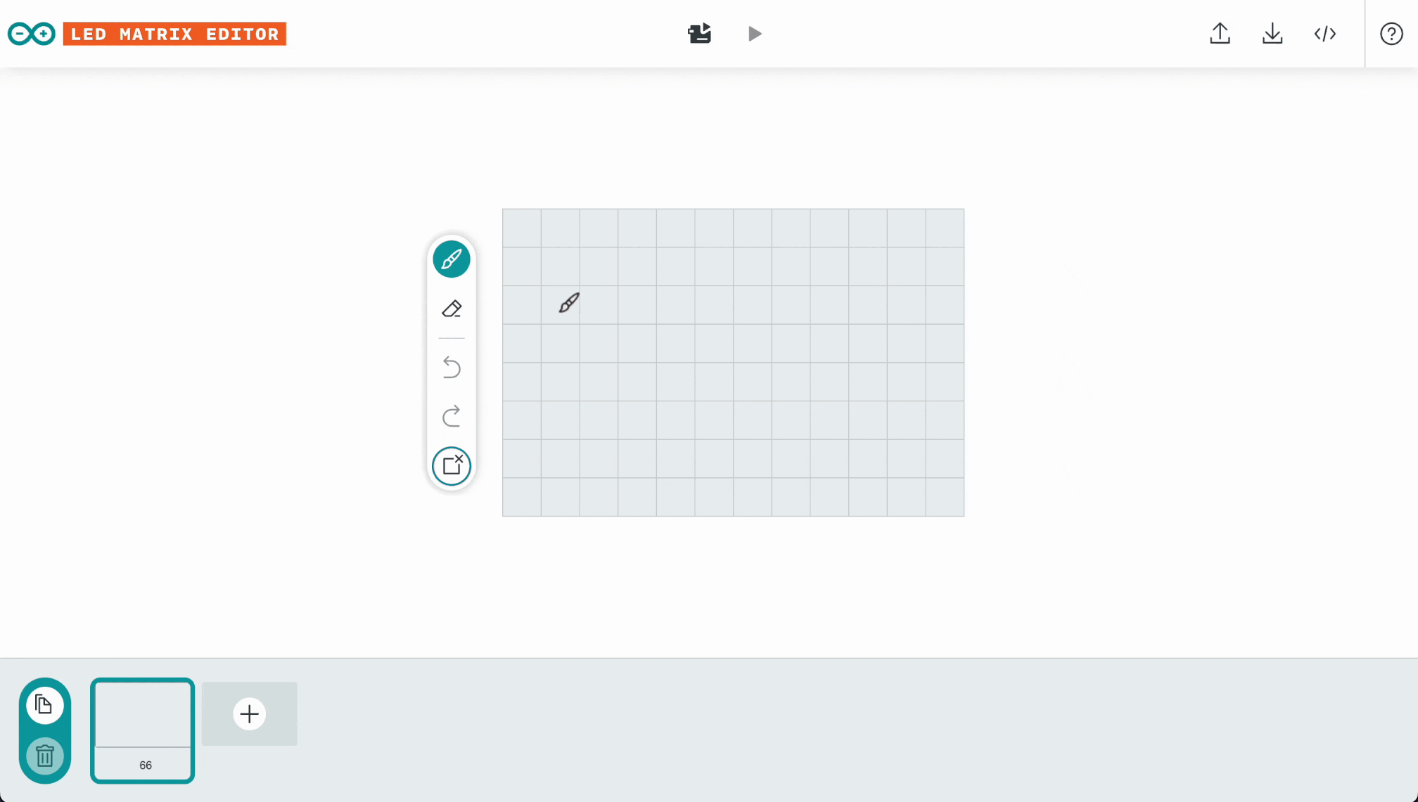 The LED Matrix Editor: a 12×8 grid with brush, eraser, undo and redo tools on the left, and a frame timeline at the bottom.