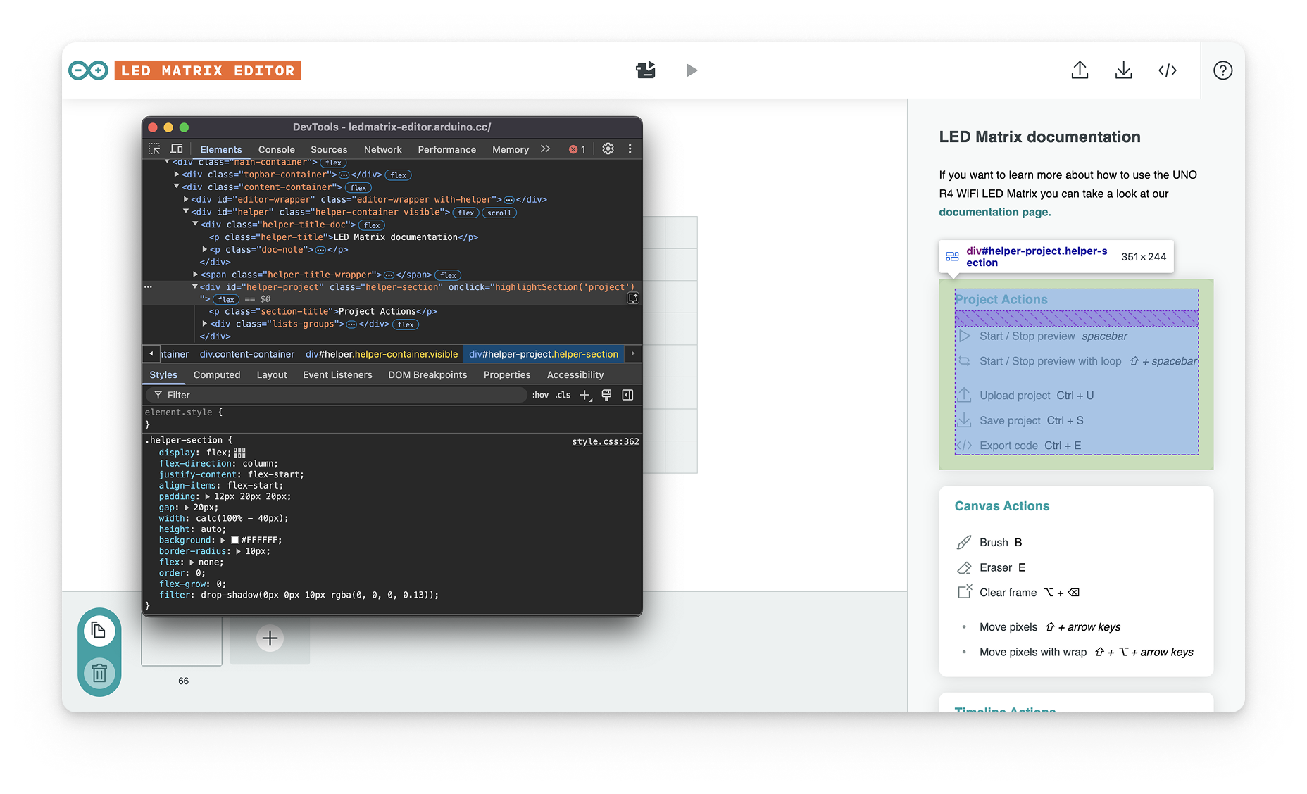 The editor with its documentation drawer open on the right, listing project, canvas and timeline shortcuts; the browser devtools show the drawer's CSS.