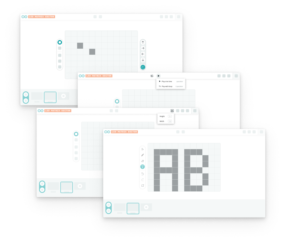 Four concept screens of the editor: move-pixel arrows, a play menu with loop, frame duration applied to all frames, and a larger canvas.